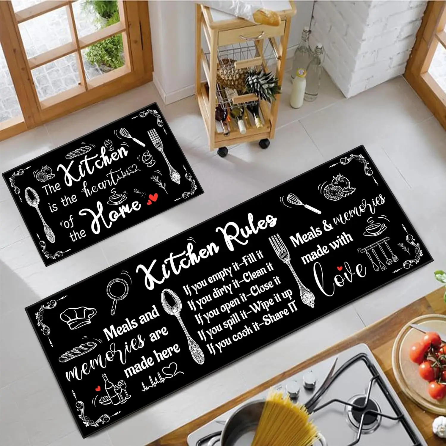 

VIKAMA Two-Piece Kitchen Rug Home Decor, Black And White Style Theme Decorative Kitchen Mat Home Indoor Durable Floor Mat