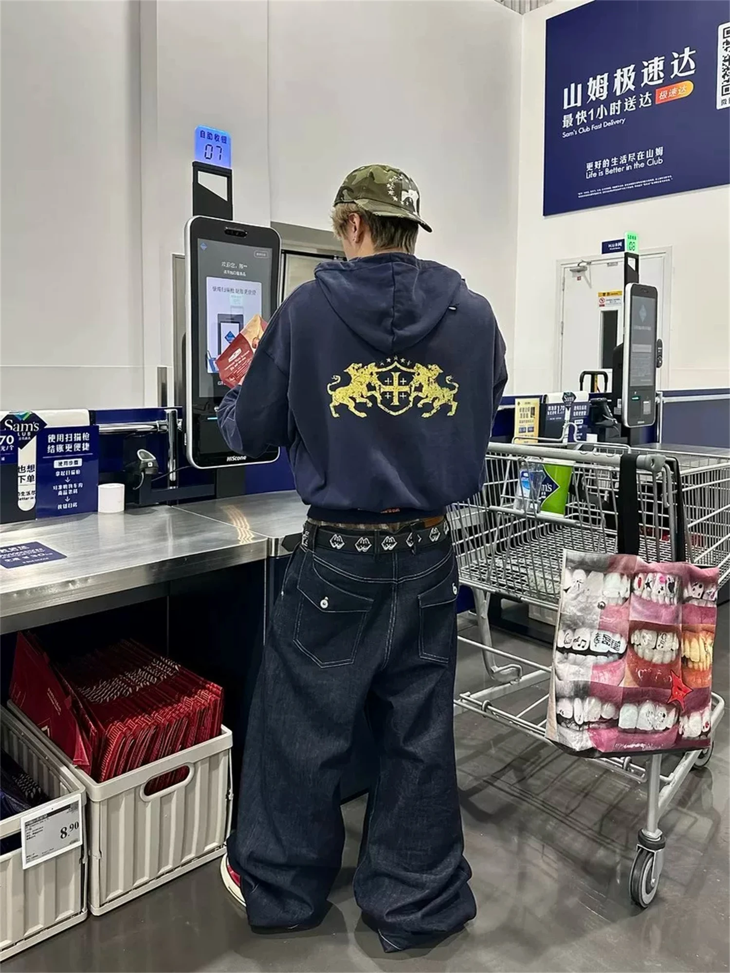 Y2K Navy Blue Zip Up Hoodie Women Gold Lion Crest Paint Splatter Long Sleeve Oversized Grunge Streetwear Ladies Jacket