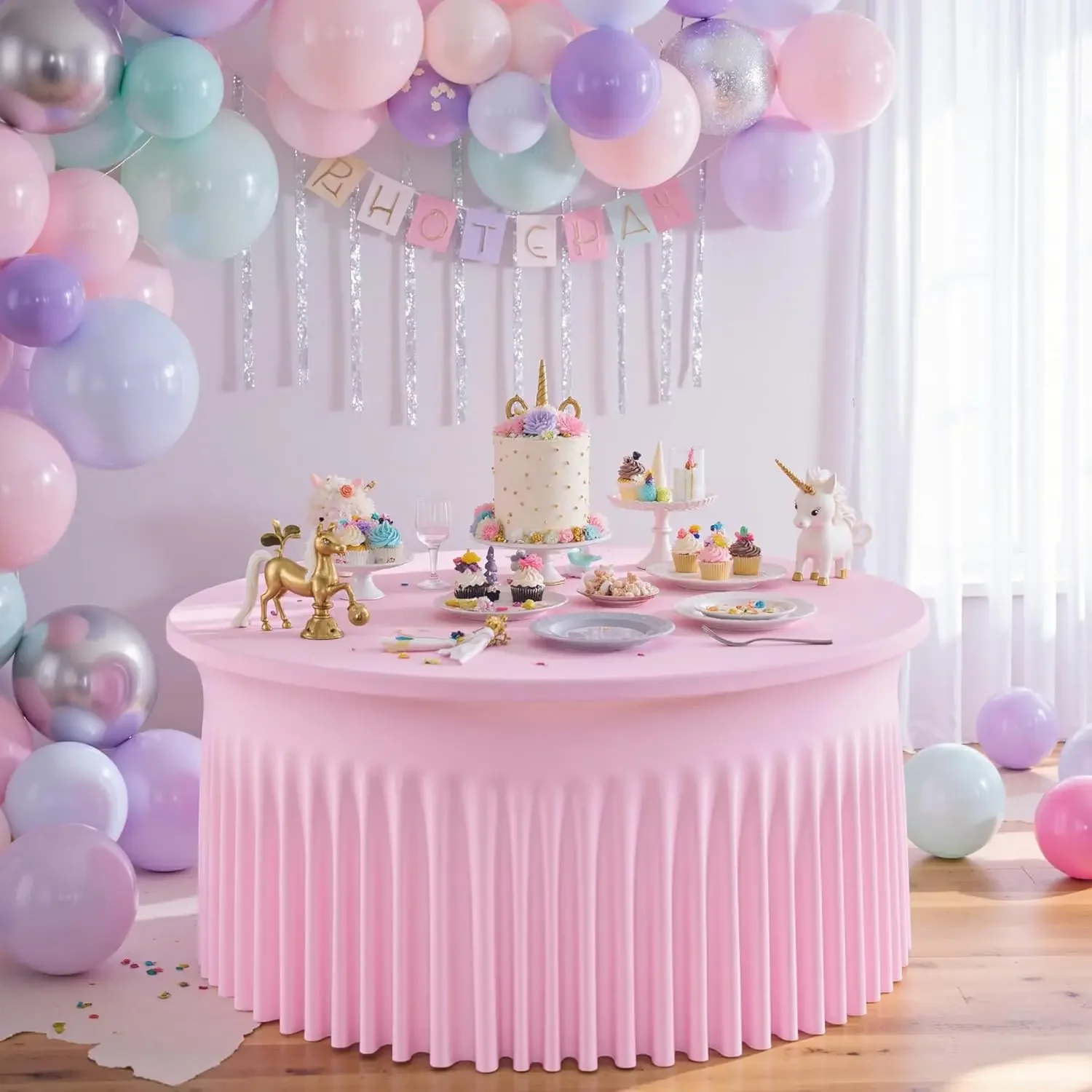 

6FT Pink Round Spandex Tablecloths Wrinkle Free Table Cover with Skirt for Wedding Party Dining Parties Events Dust-proof