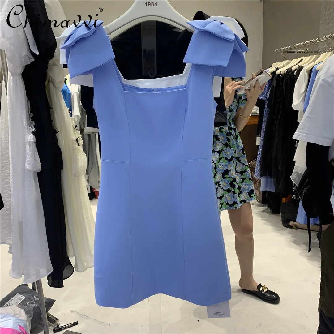 Female Sweet Fashion 2022 Summer New Elegant Square Collar Solid Color Dress Women's All-match Sleeveless Slim Bow Strap Dress