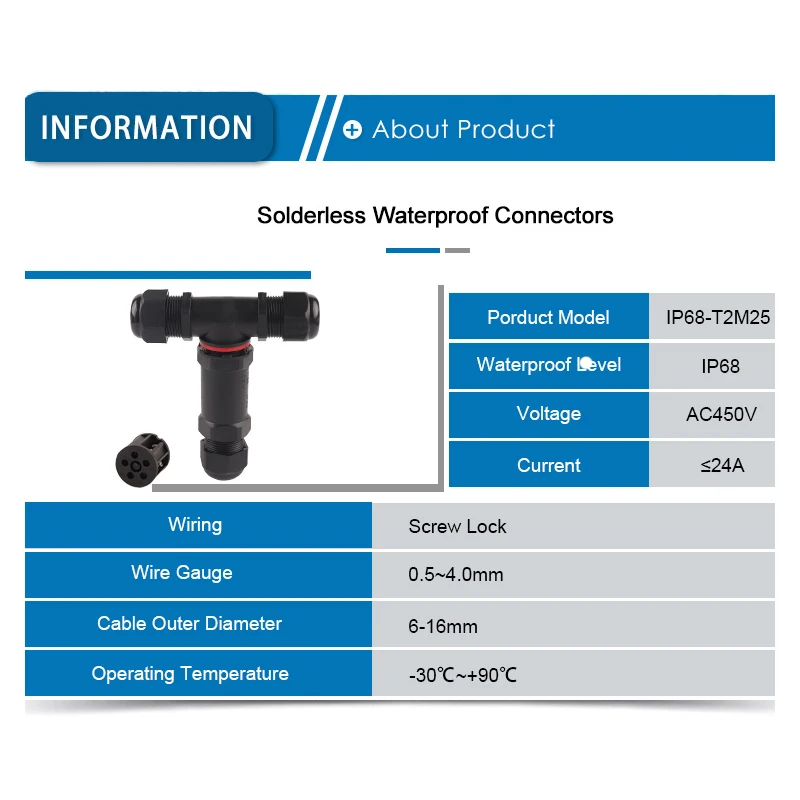 Ip68 M25 Quick Waterproof Connector Screw Crimping Adapter Outdoor Docking Terminals Block 5 Core Nylon T-Shaped Junction Box