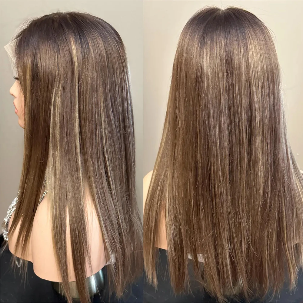 

Luxury HD Lace Front Wigs for Alopecia Synthetic Fibre 13x4 Glueless Brown Highlights Straight Wig Realistic Natural Look Wig