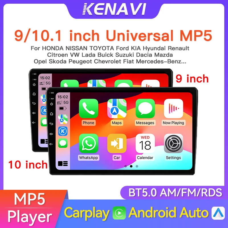 Universal 9/10.1” Car Stereo Radio For Honda NissanToyota KIA Hyundai Wired Carplay Android Auto FM RDS BT MP5 Multimedia Player