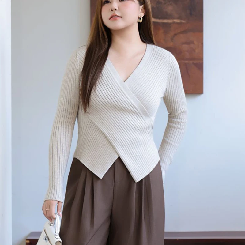 XXXXL Fashion Plus Size Women's Sweater Premium Cross V-Neck Knitted Pullover Gentle Sexy Slim Jumper Autumn Winter 8775