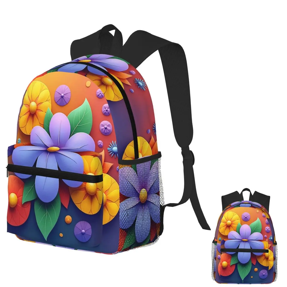 

3D Colorful Flower Design, POD Artwork Student Backpack School Bag Hiking Travel Daypack for Men Women Bookbag Shoulder Bags