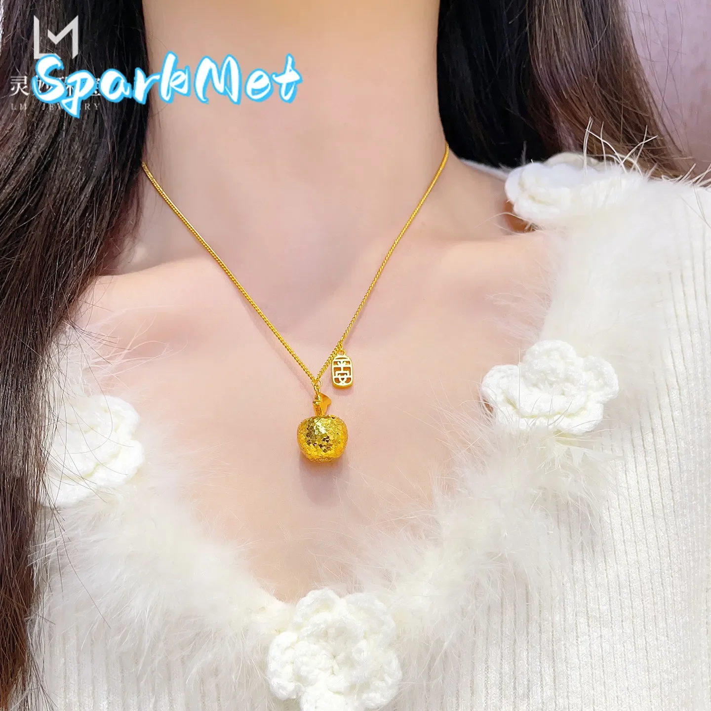 

Sparkmet Crushed Gold Apple Clavicle Chain Women's 24K Gold AU999 - Sparkling crushed gold, apple for blessing, ideal for daily