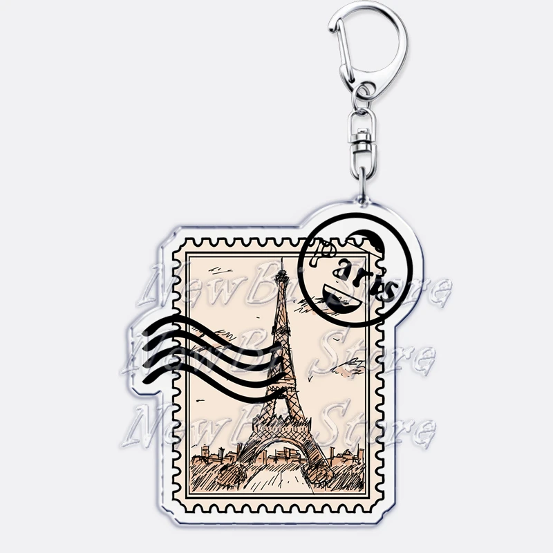 Hot Travel Cites Souvenir Post Stamps Keychains for Accessories Bag Paris Eiffel Tower London New York Keyrings Jewelry Gifts