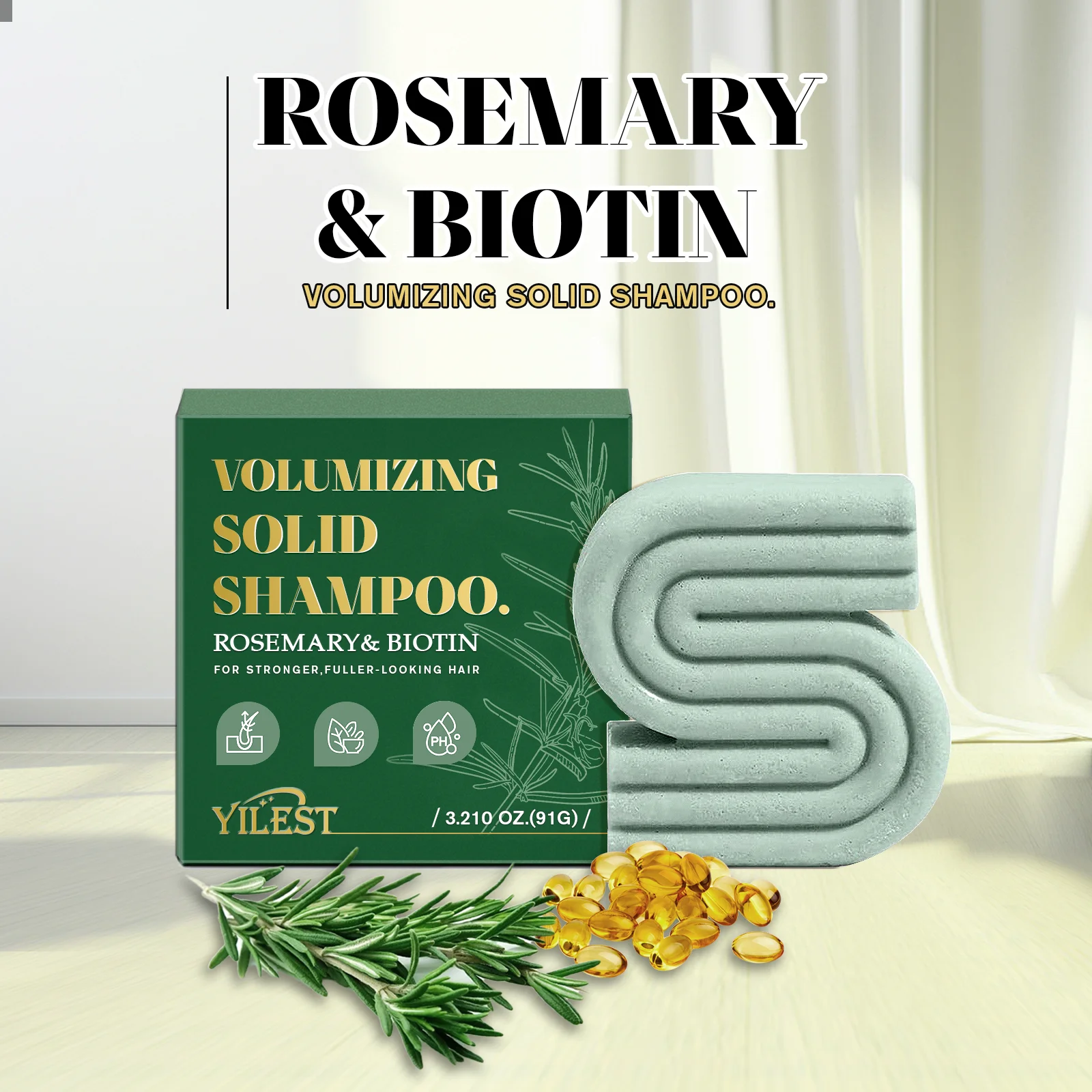 

2PCS Rosemary & Biotin Volumizing Solid Shampoo Hair Growth Smoothing Nourishing Anti Dandruff for Men Women All Hair Types 91G
