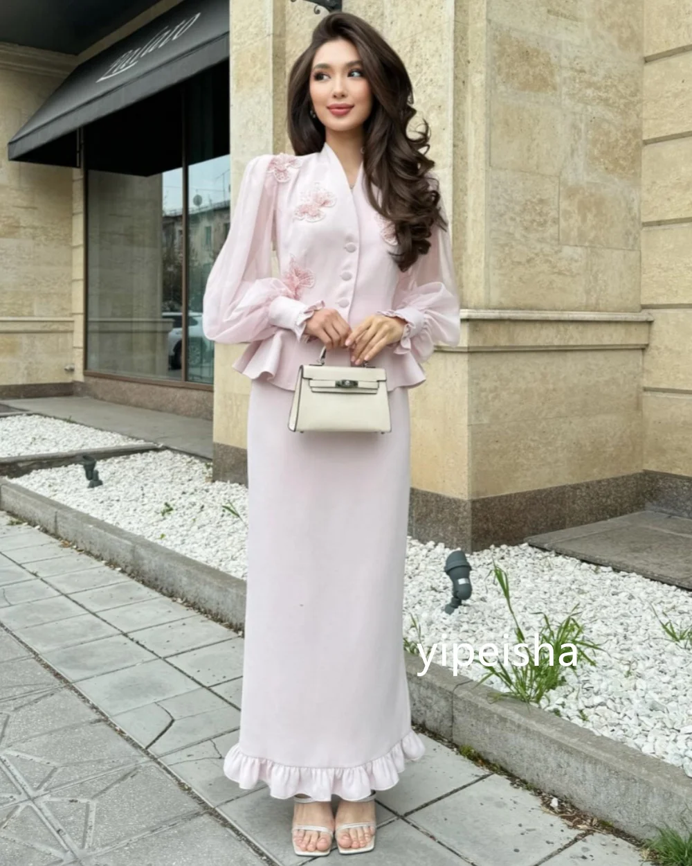 Customized Exquisite Jersey Flower V-neck Midi Dresses Prom  Modern Style Pastrol Unisex Chinese  Formal Casual Elegant