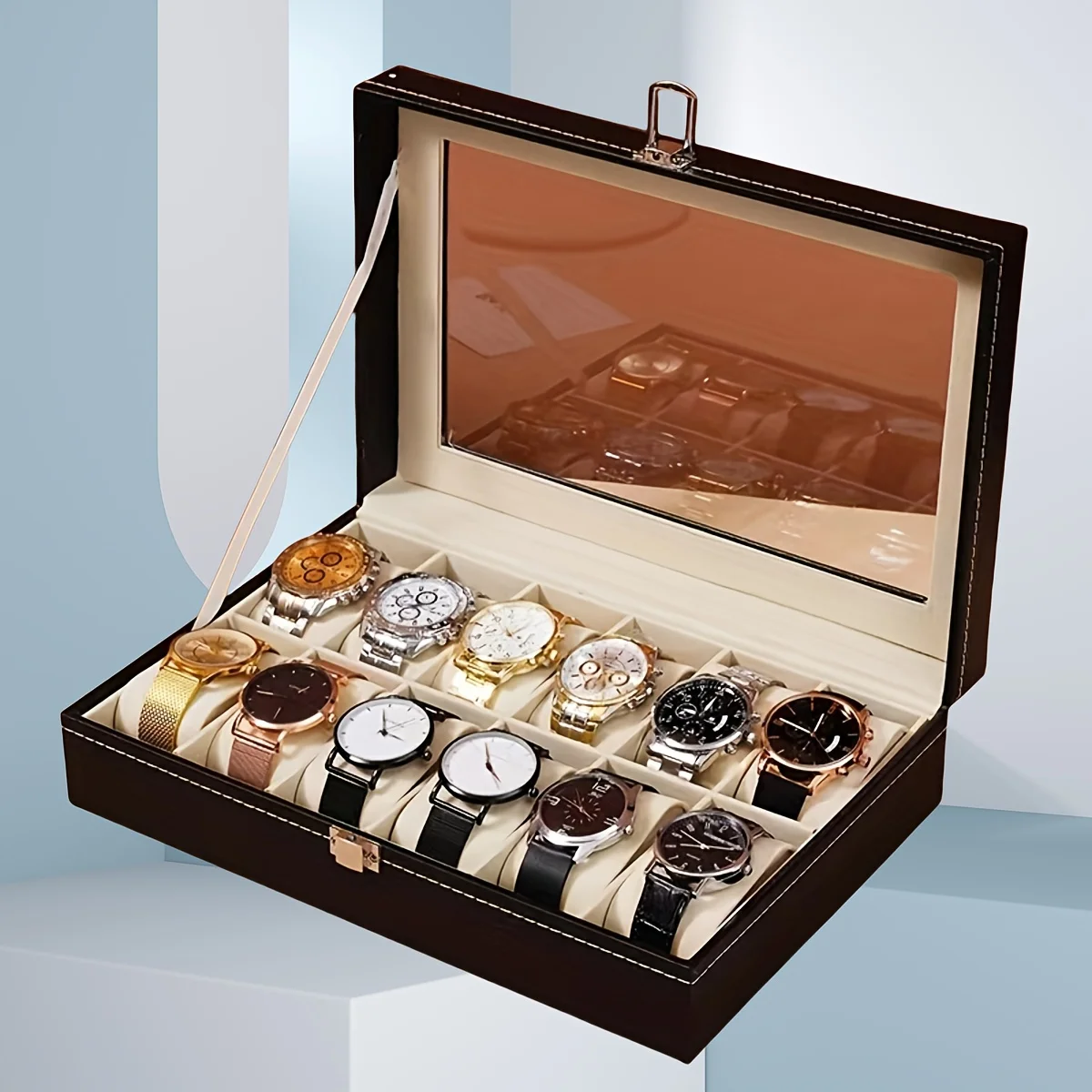 

Элитный футляр для хранения часов из искусственной кожи на 12 мест с окошком, большой вместимости, с крышкой