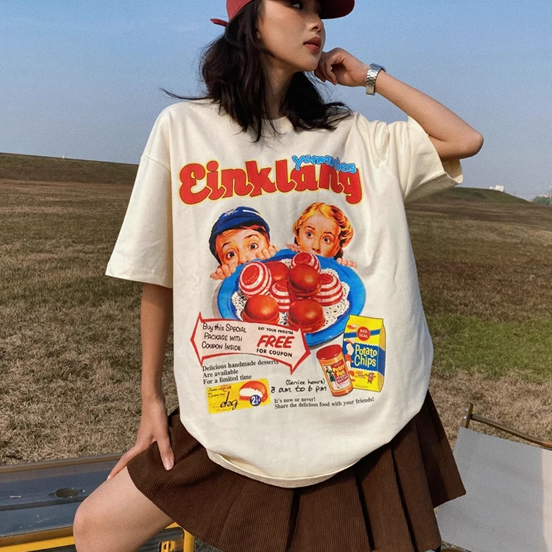 American Retro Snack Cartoon Cute Printed T Shirts Y2K Anime Kawaii Clothes Oversized Loose Summer Tops Teenage Students Hip Hop