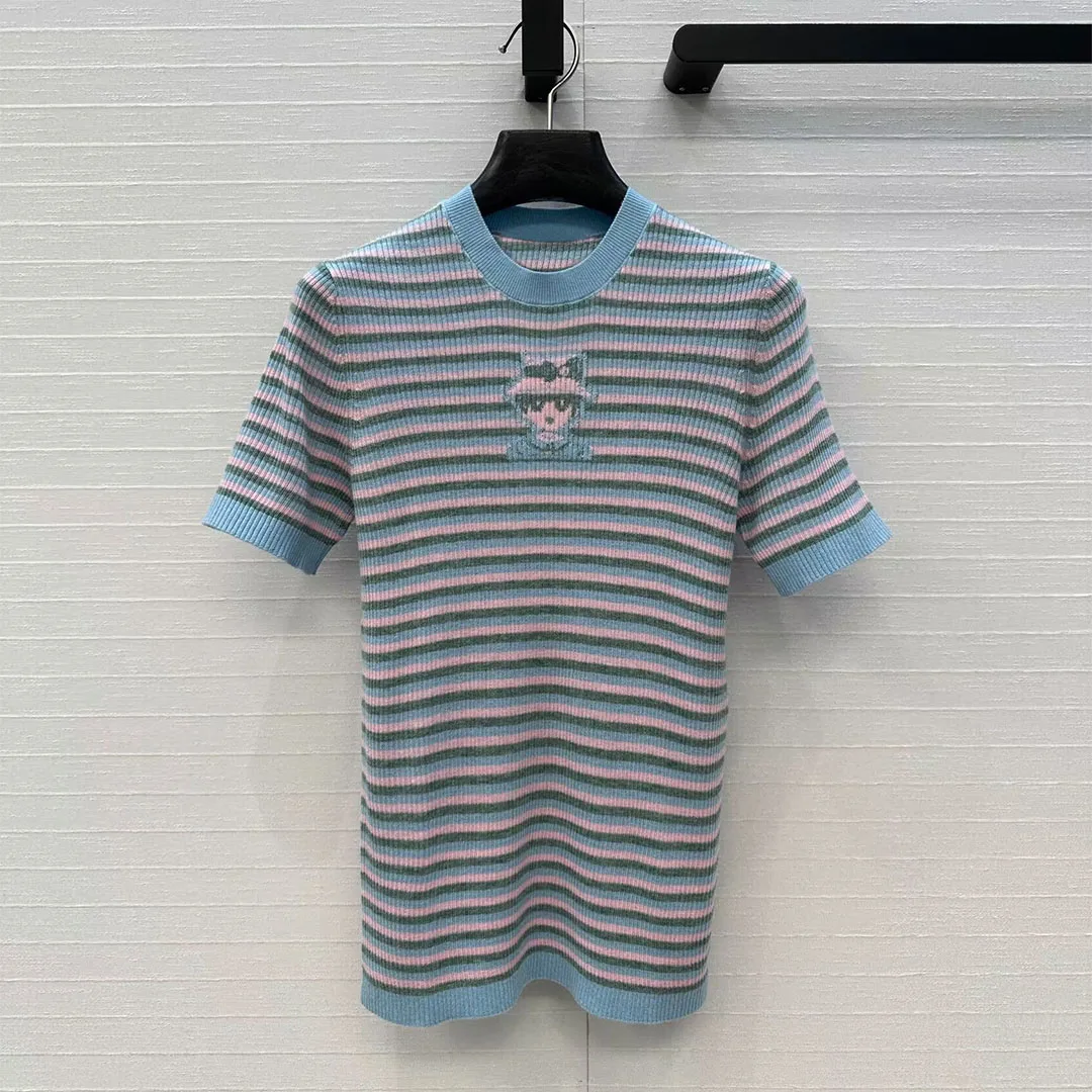 

New Summer Preppy Style Two Colors Knitted T-shirt Women O-neck Short Sleeve Sweet Character Jacquard Stripes Casual Slim Tops