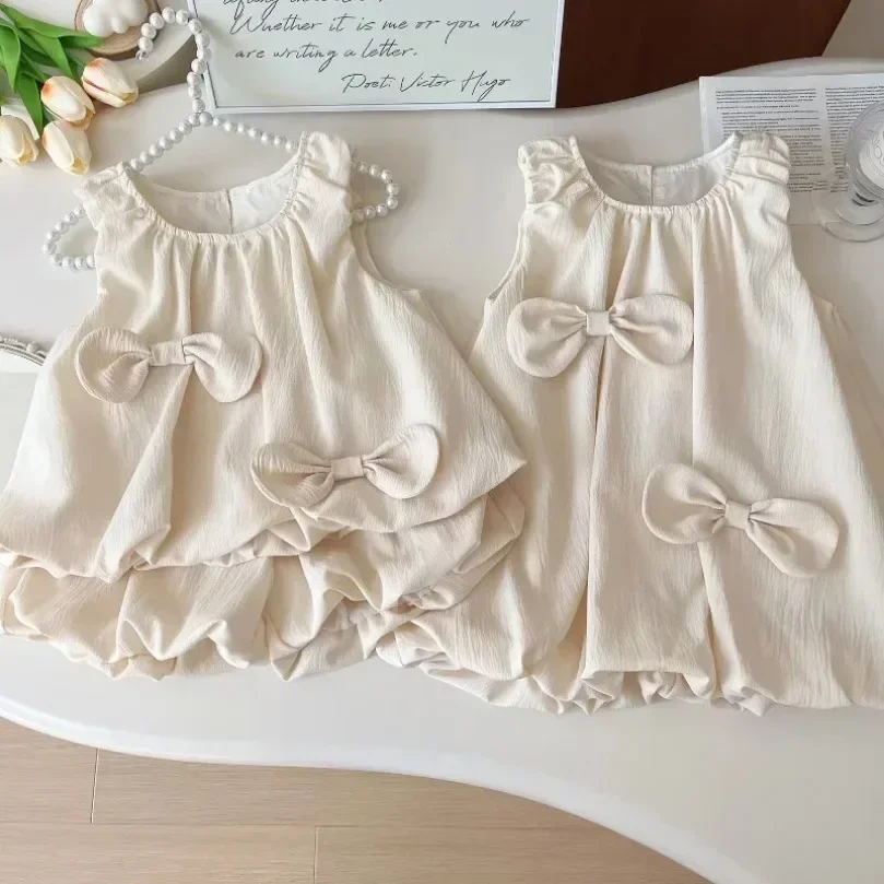 

New Girls Princess Sets Sleeveless Bow Top+Shorts Children Clothes Set Party Toddler Girl Summer Dress 2-7T Kids Clothing