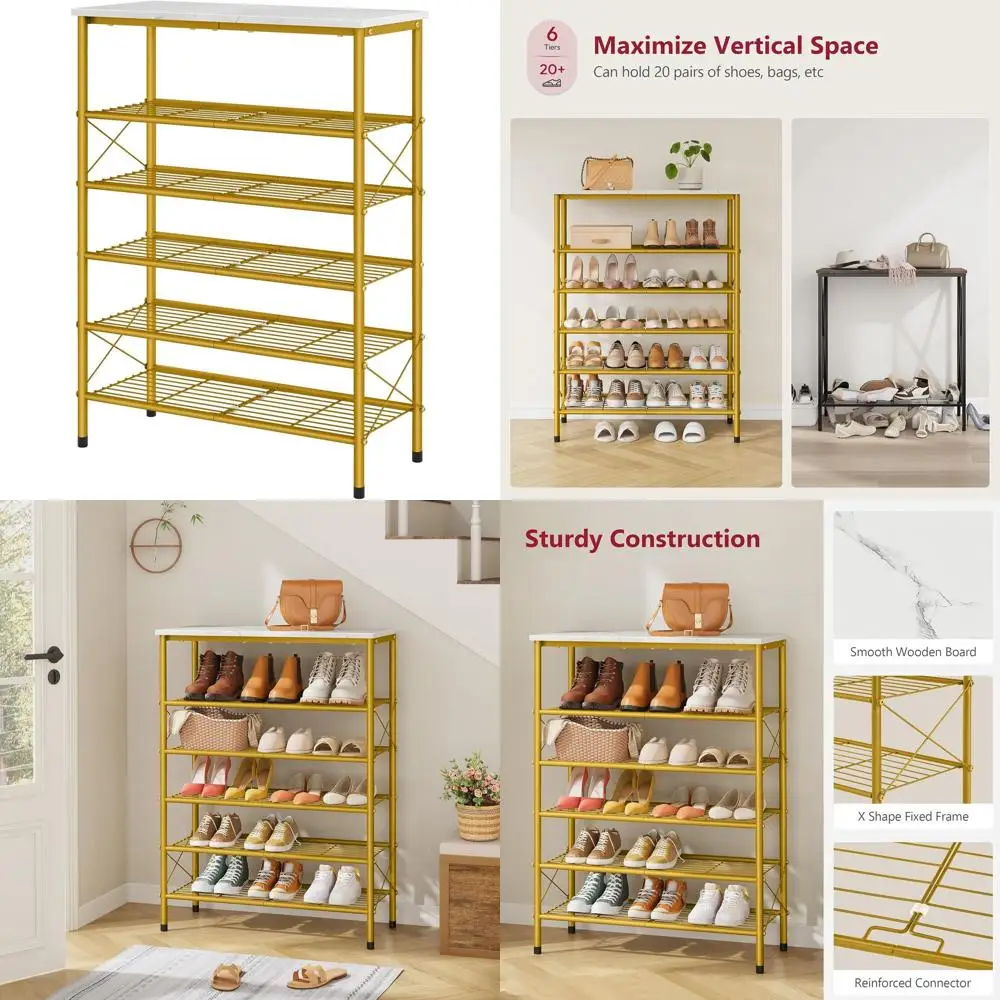 

Industrial Mesh Shoe Rack for 24 Pairs, White & Gold, X-Frame Organizer for Closet and Entryway