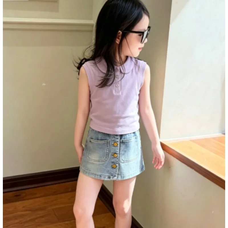Children's Multi Button Denim Skirt Pants Doll Collar Sleeveless Vest Middle and Large Children's Versatile Summer Set