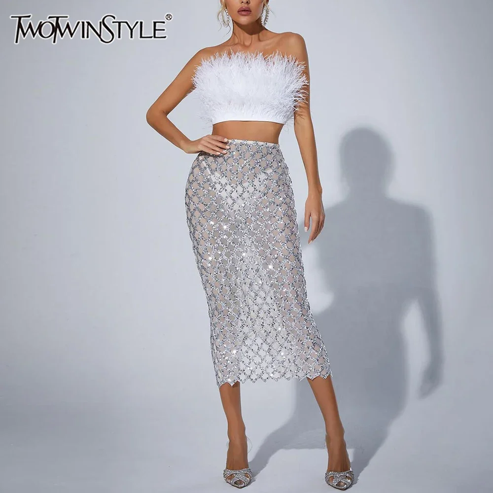 

TWOTWINSTYLE Solid Sexy Two Piece Set for Women Slimming Spliced Sequins Skirts Patchwork Fur Tun Tops Female Fashion Clothing