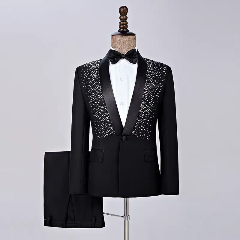 

Formal Rhinestones Men's Suit Two-Piece Set Slim Fit Shawl Collar Blazer Pants Outfit for Evening Party Host Banquet Singer