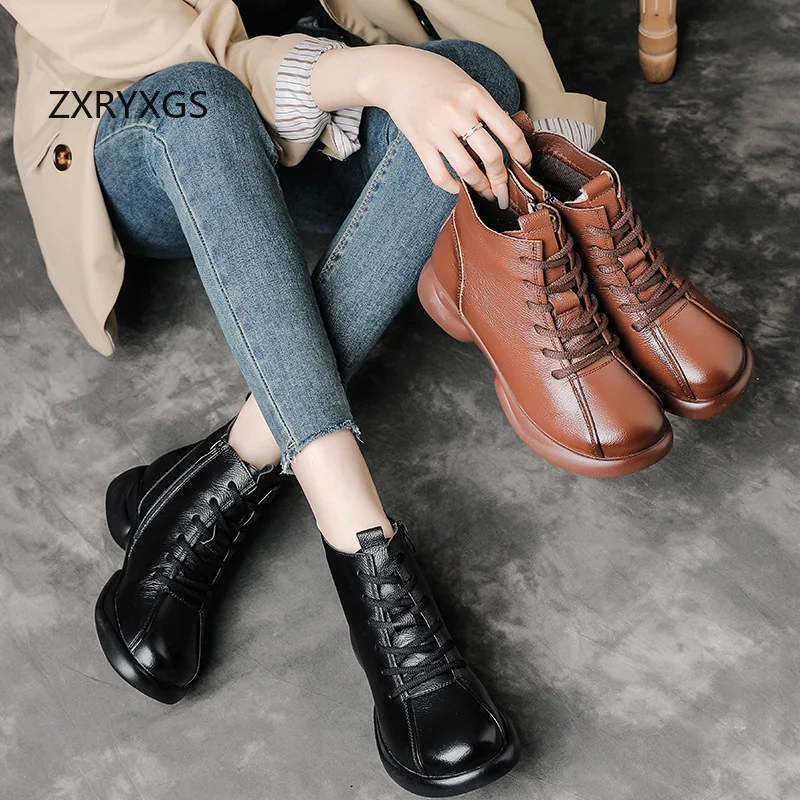 

ZXRYXGS British Style Crisscross Straps Side Zip Genuine Leather Boots Single Shoes Warm Comfortable Women Winter Boots New 2025