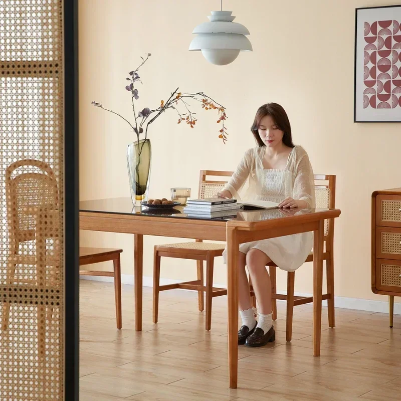 Japanese-Style Solid Wood Dining Table Desk Dual-Use Rectangular Rattan