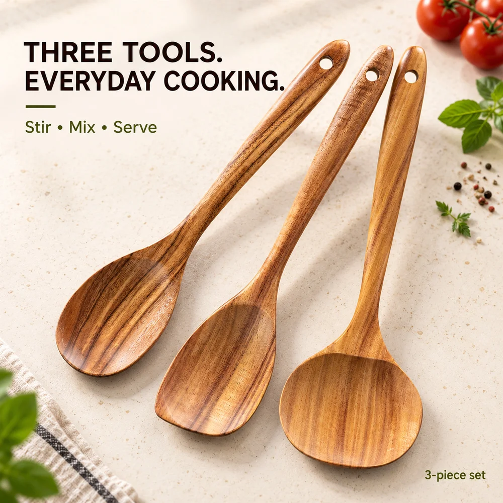 Zoe 3 Piece Wooden Utensil Set Three Useful Shapes for Everyday Meals. An Oval Spoon, a Rectangular Spatula and a Broad Round Spatula Bring Natural Wood Grain to Stirring, Mixing and Serving