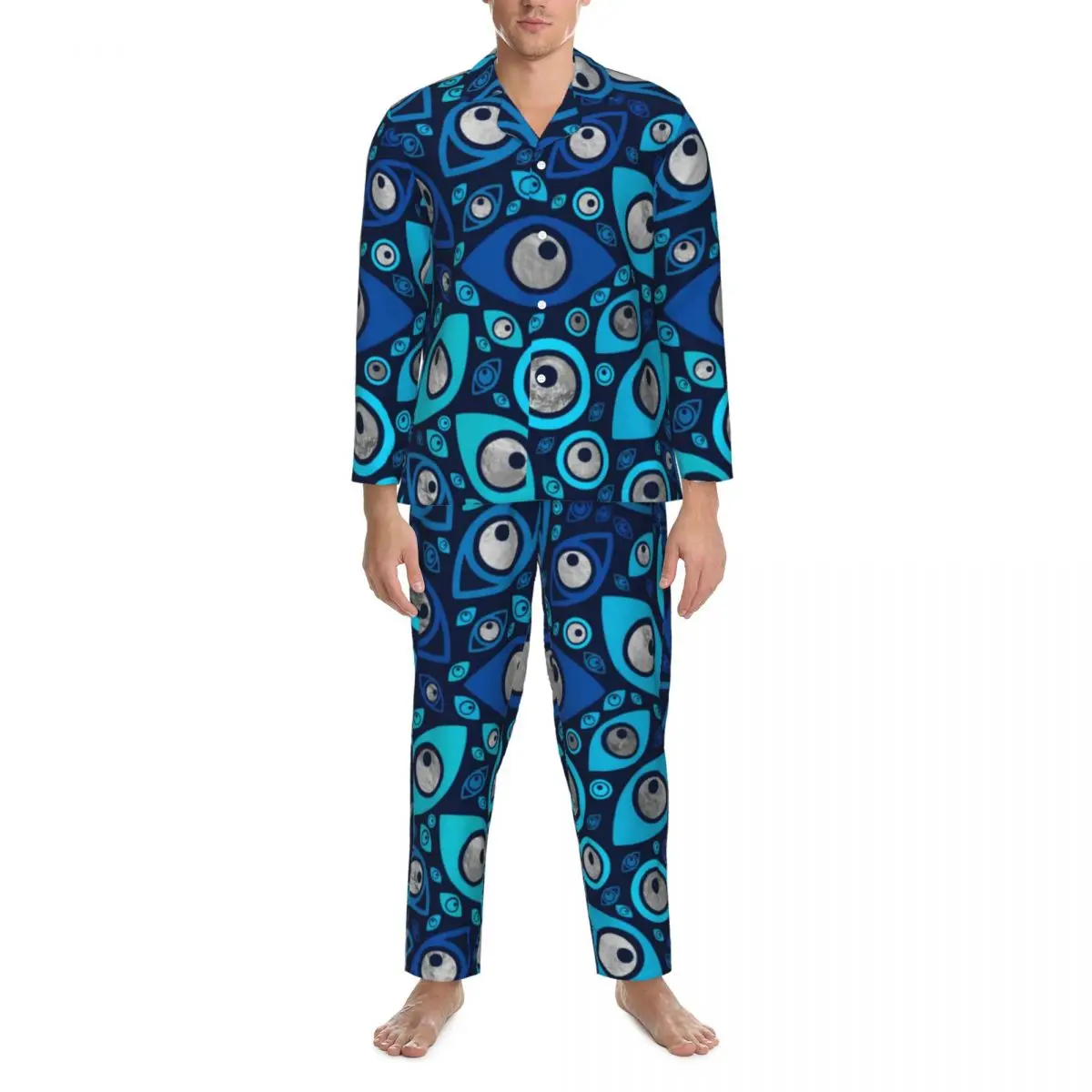 Greek Evil Eye Print Pajama Sets Autumn Blues and Silver Fashion Bedroom Sleepwear Male 2 Piece Casual Oversize Custom Nightwear