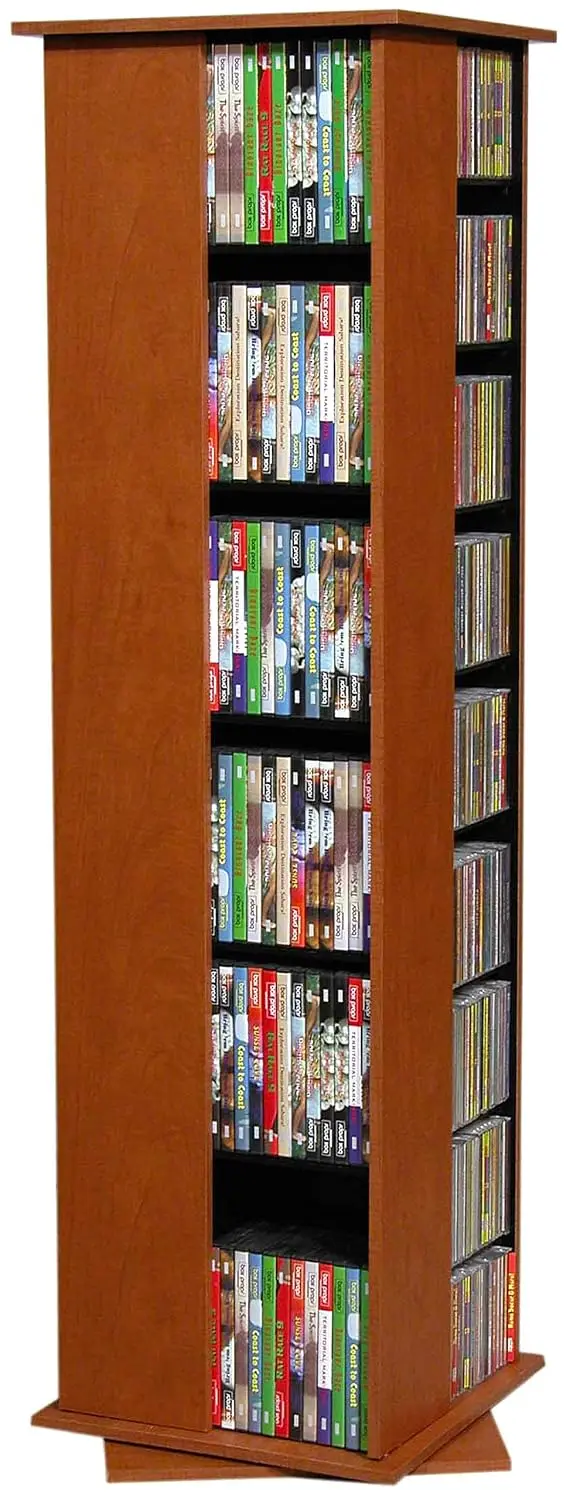 360° Rotating Media Storage Tower, 600 CD Capacity, Cherry Wood CD Organizer Rack, Revolving Media Shelf, Customized