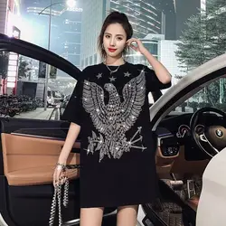 Fashion Women's T-shirt For Summer Short Sleeve Pulovers Midi Loose Clothes Casual hot drill Cotton Tops T Shirt 4XL 150KG