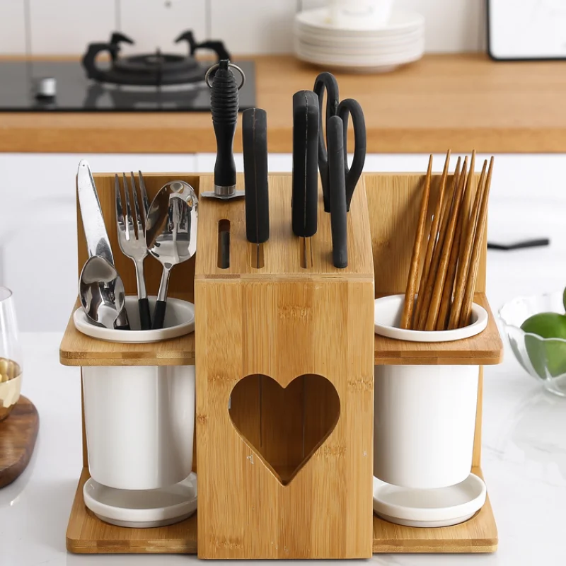 Ceramic Chopstick Holder Bamboo Wood Knife Storage Rack Household Kitchen Supplies Knives Shelf