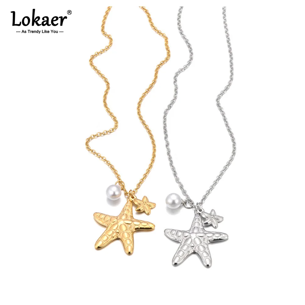 Lokaer Exklusives Design, handgefertigter Schmuck, Ozean-Stil, Perlen, Seestern, Muschel-Anhänger, Halskette, Edelstahl, Damenschmuck N25013