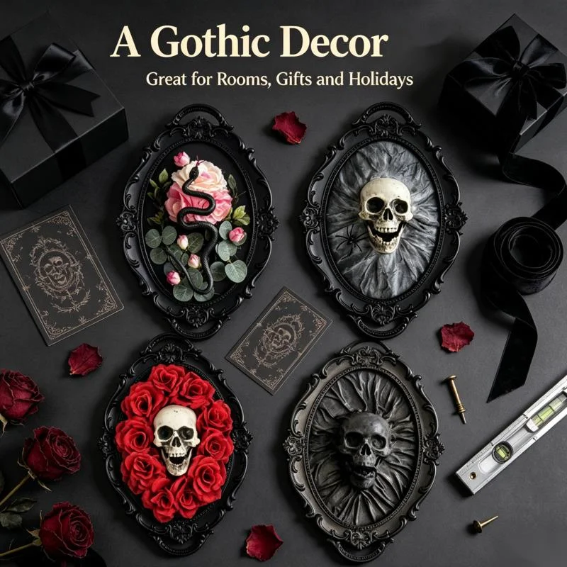 Halloween Skull Mirror Frame Wall, Hanging Gothic Haunted House Spider, Horror Party Backdrop Wall Decor, Dark Ornament Photo Pr