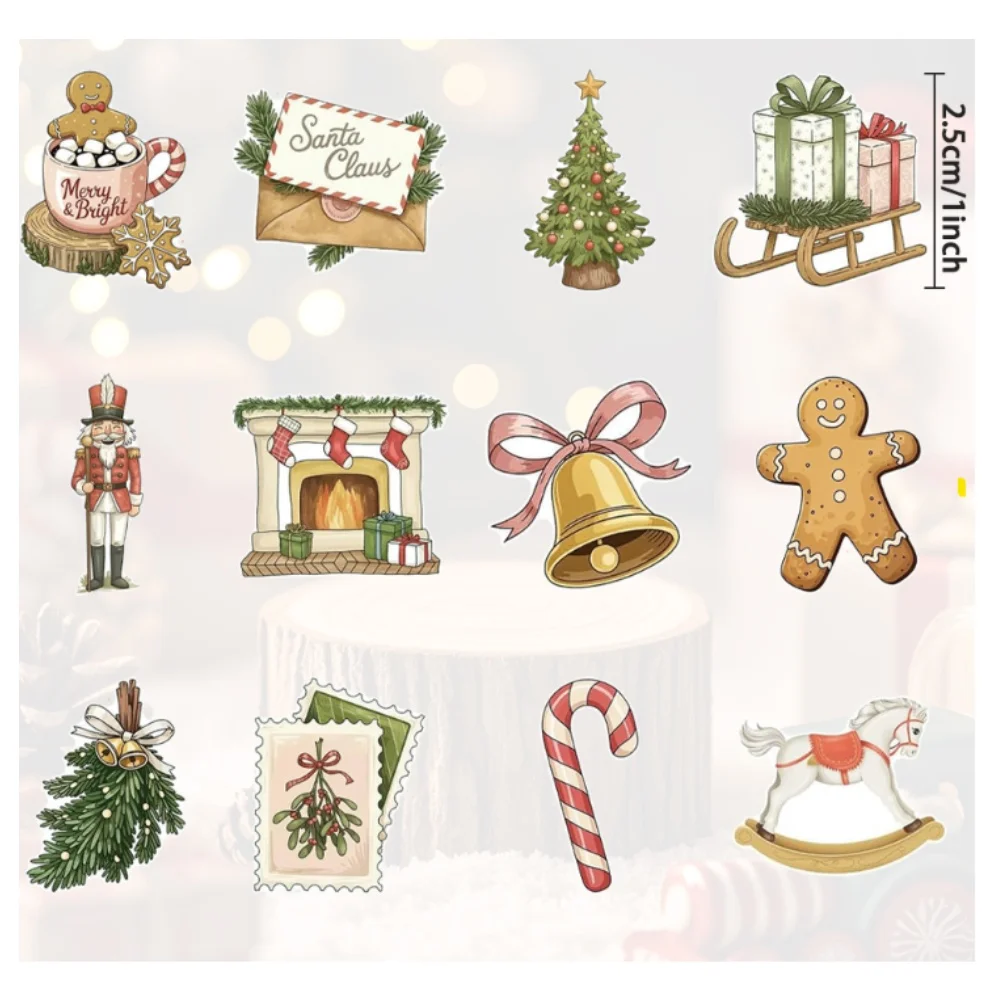 Stickers Featuring Festive Christmas Characters and Golden Bow Bells for Cards Journals and Holiday Decorations
