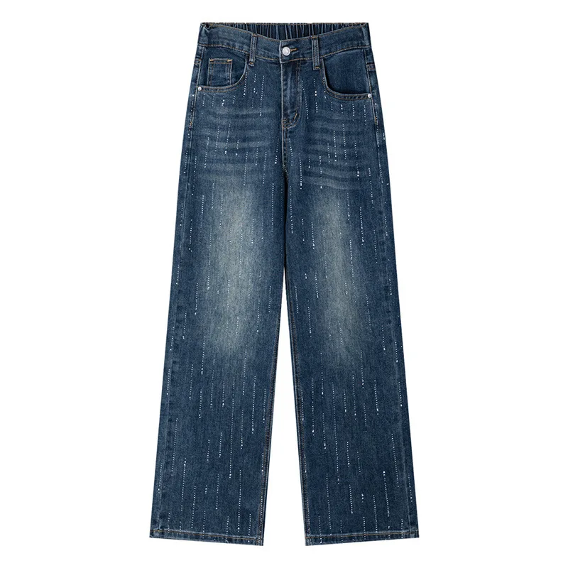 

2026 Spring Summer Plus Size High Waist Jeans Women Hot Drilling Straight Leg Slim Fit Stretch Denim Long Pants 2609