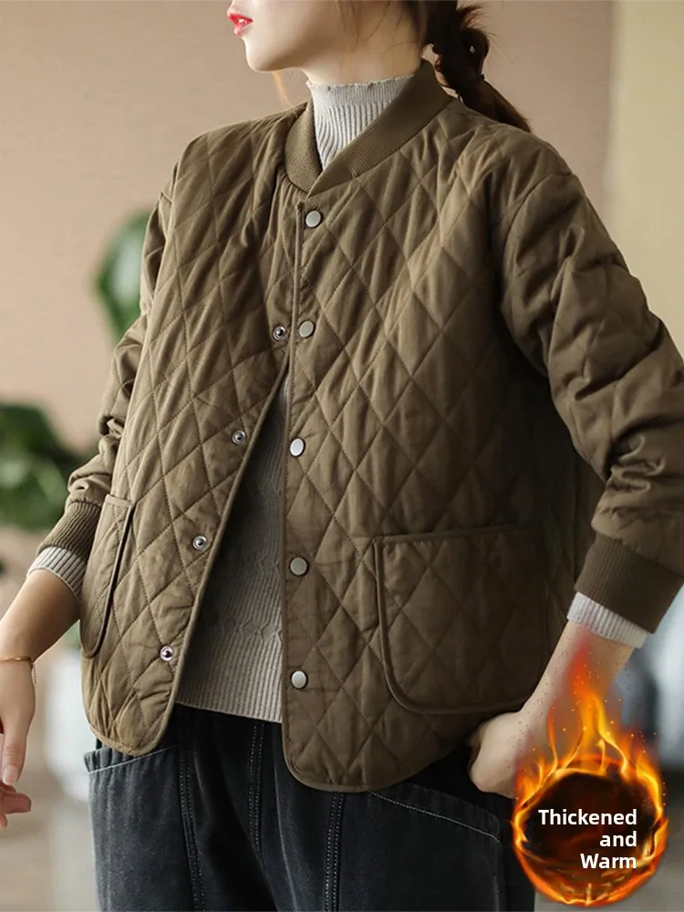 

Japanese Sle Baseball Collar Jaet Women's Loose Retro Diamond Pattern Cotton Filled Thi Warm Cotton Coat Long Sve