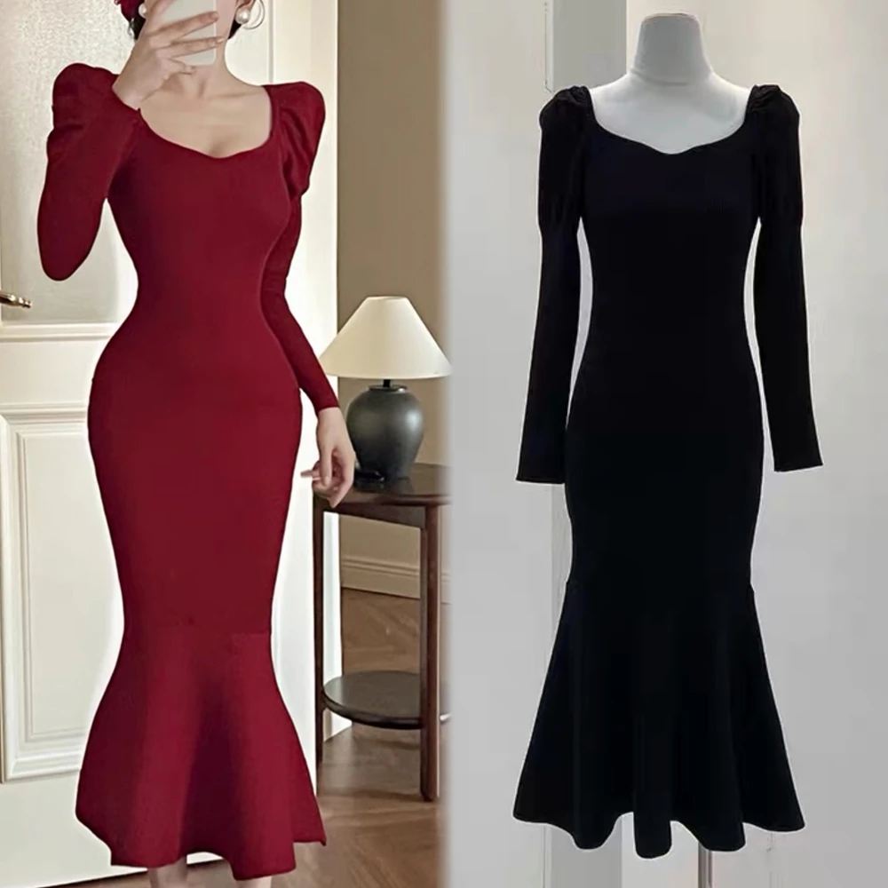YuooMuoo 2026 Herbst Winter Damen Strick-Maxikleid Elegantes Vintage Puffärmel Meerjungfrau-Partykleid Schickes Damen-Sweaterkleid