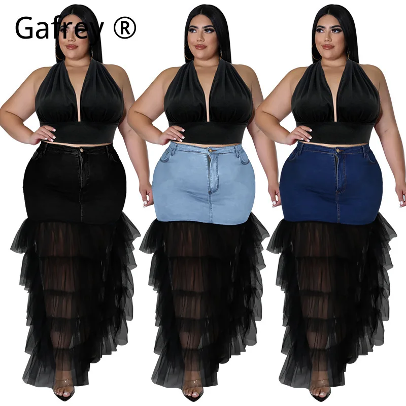 

Plus Size 5XL XXXL 2XL New Washed Denim Mesh Patchwork Skirt Sexy Midi Jean Skirt Streetwear Distressed Y2K 2026