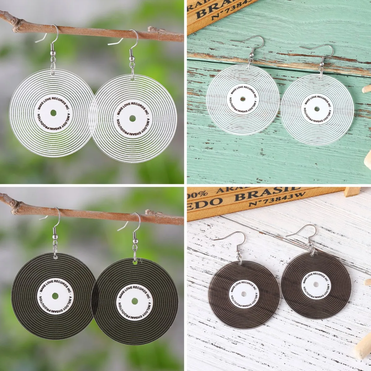 Hot Phonograph Record Earrings for Girls' Music Festival Gift Acrylic Black White Transparent Double sided Printed Earrings