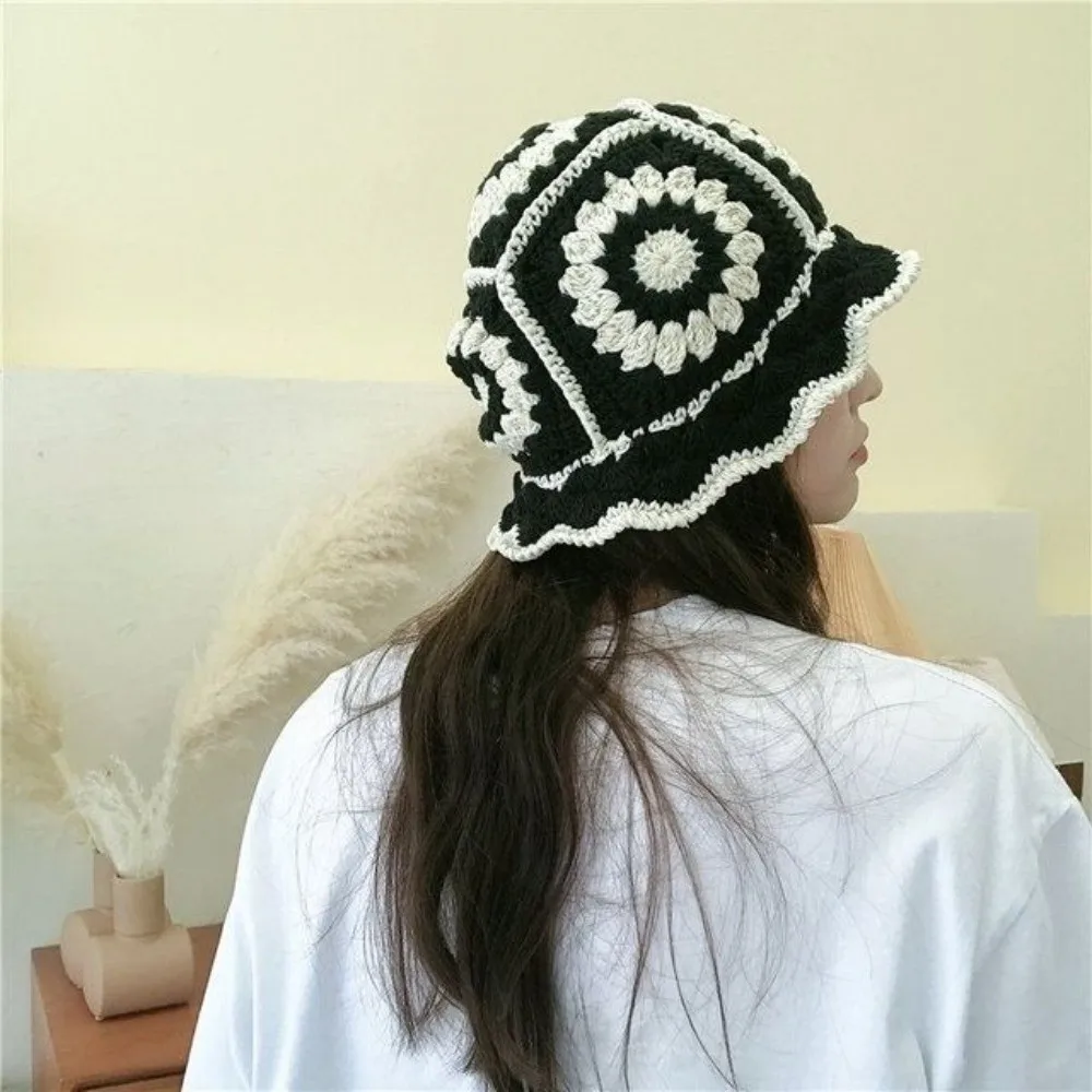 

Casual Fleece thread Knitted Fisherman Hat Hollow Korean Style Flower Sun Hat Bucket Hat Student