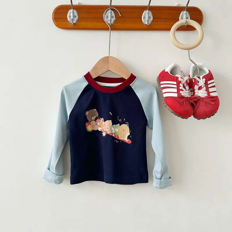 

Korean Style Hong Kong Style Girls' Spring and Autumn Season2025New arrival cartoon print color-blocking top +Plaid Skirt and J