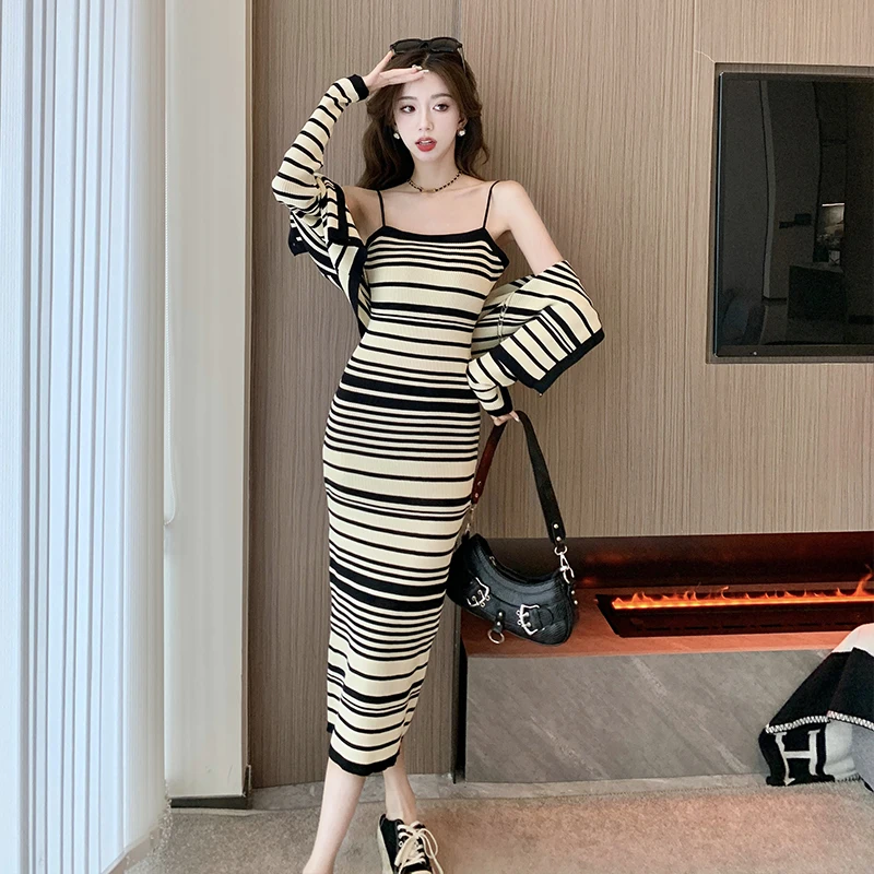 Elegant Women Stripe Knitted 2 Piece Set O-Neck Top&Ladies High Waist Sexy Spaghetti Straps Dress Fall Winter Sweater Set Female