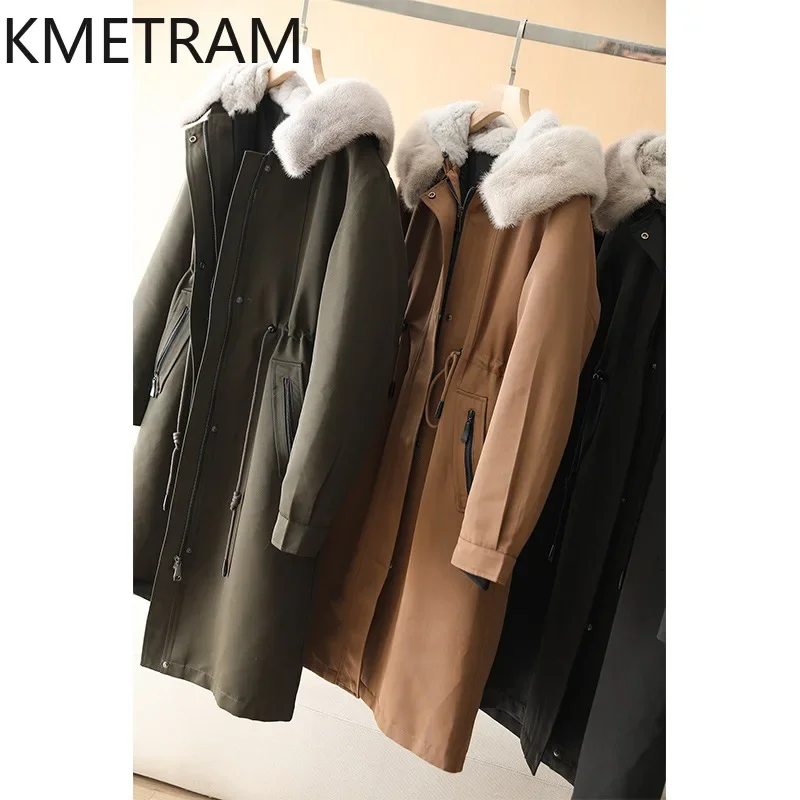 KMETRAM Mink Fur Collar Parka Rabbit Fur Lining Fur Jacket New in Outerwears Winter Clothes for Women 2024 Зимняя Куртка Женская