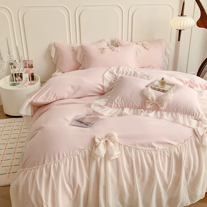 Korean Princess Style Bedding Set Girl Heart Solid Color Double Bed Sheets Washed Cotton Ruffled Bed Cover Sheet Quilt Set