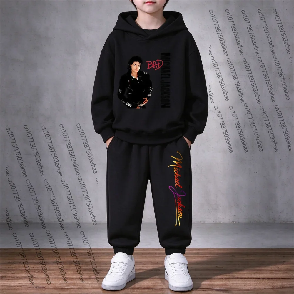 Michael Jackson Pattern Kids Hooded Sweatshirt Two-Piece Set 3-12Y Boys Girls Autumn Long Sleeve Hoodie And Pants Casual Suit