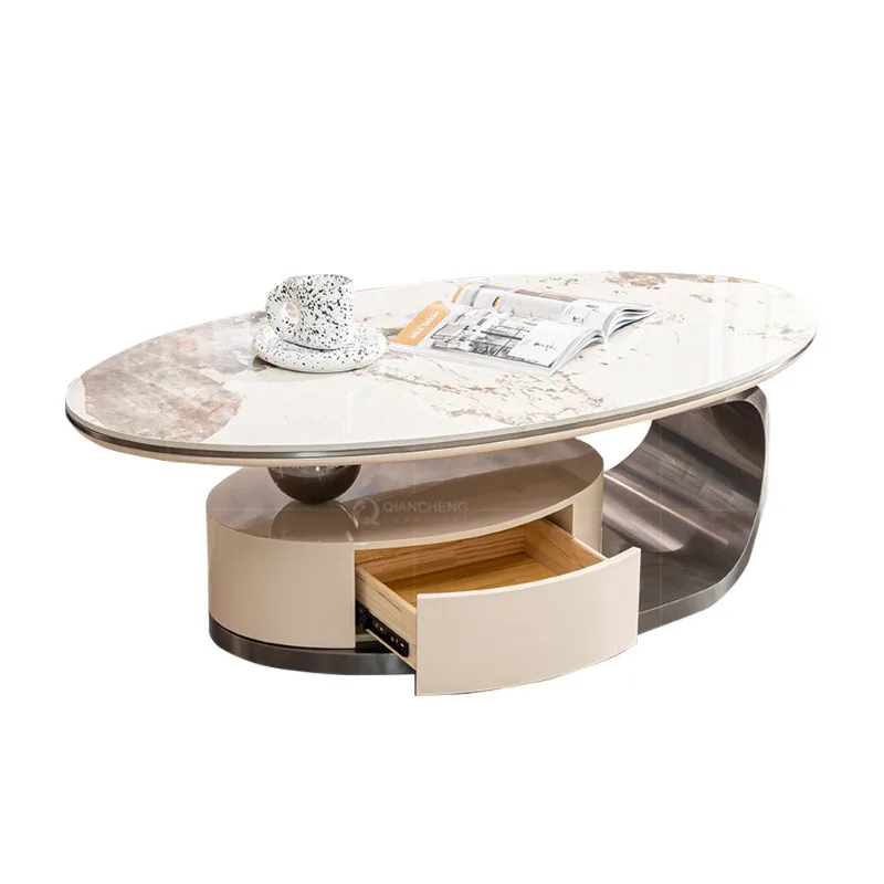 

Modern light luxury rock slab coffee oval with drawers small apartment living room furniture high-end special-shaped tea table