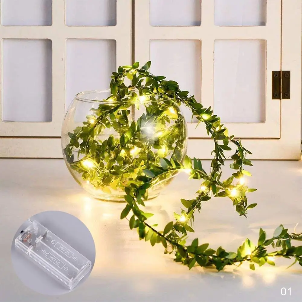 2M/3M/5M Green Leaf Garland String Lights LED Flexible Copper Artificial Leaf Vine Lights for Christmas Wedding Party Decor