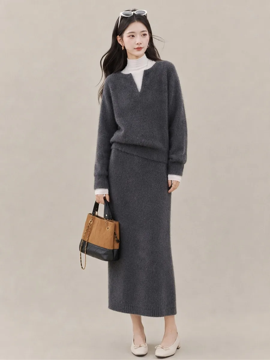 Autumn New Tracksuit Women Loose-Fitting Plus-Size Sweater Two-Piece Set with Fashionable Knitted Midi Skirts Sets