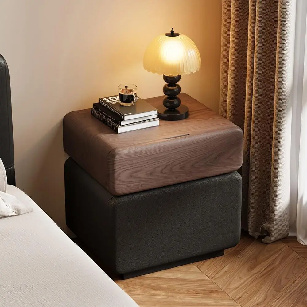 

Большая тумбочка из натурального дуба в фермерском доме с 2 ящиками и открытой полкой для хранения в спальне