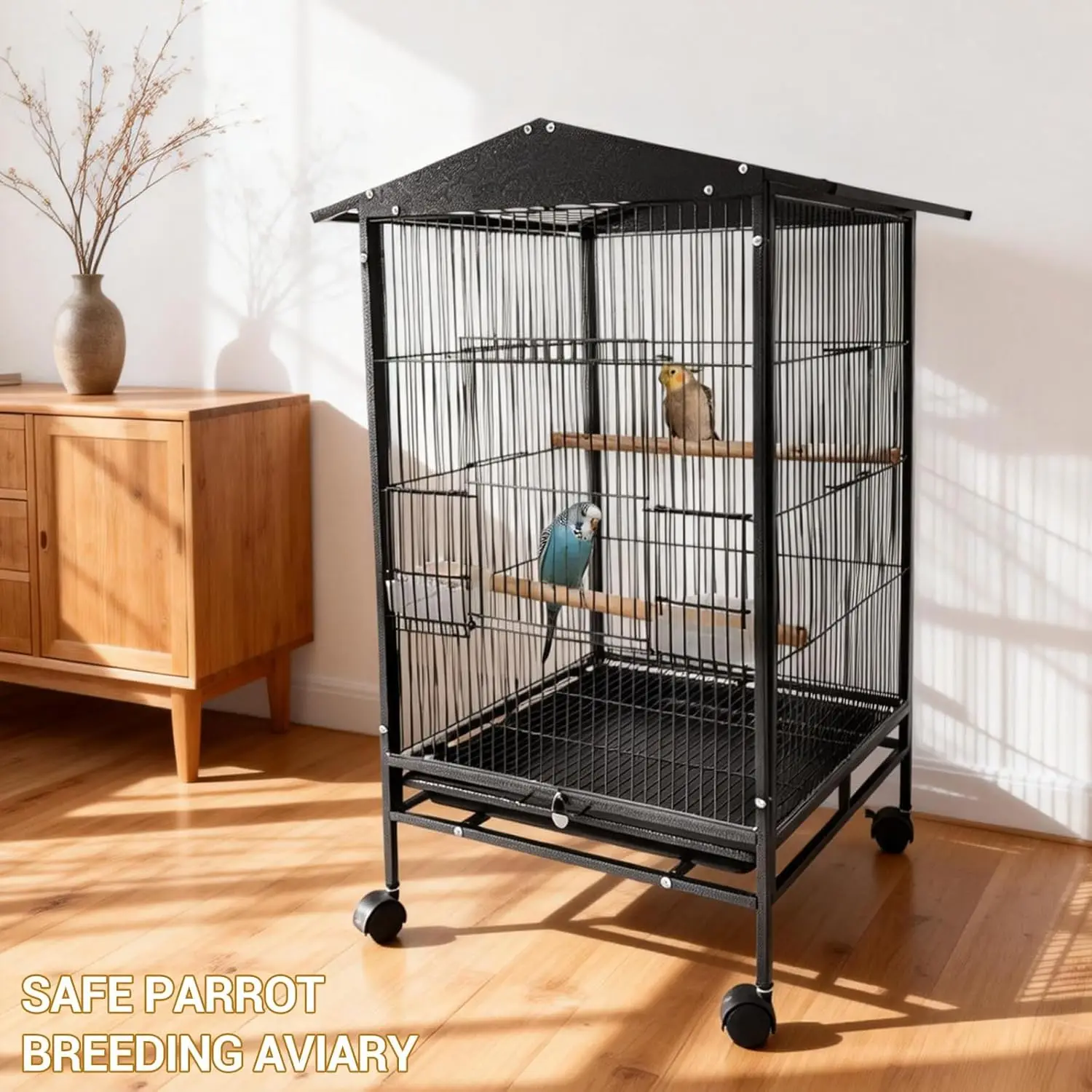 

new Indoor Outdoor Bird Flight Cage on Wheels Rolling Stand Tall Parrot Cage with Slide Out Tray Perches & Feeders Birds Supplie