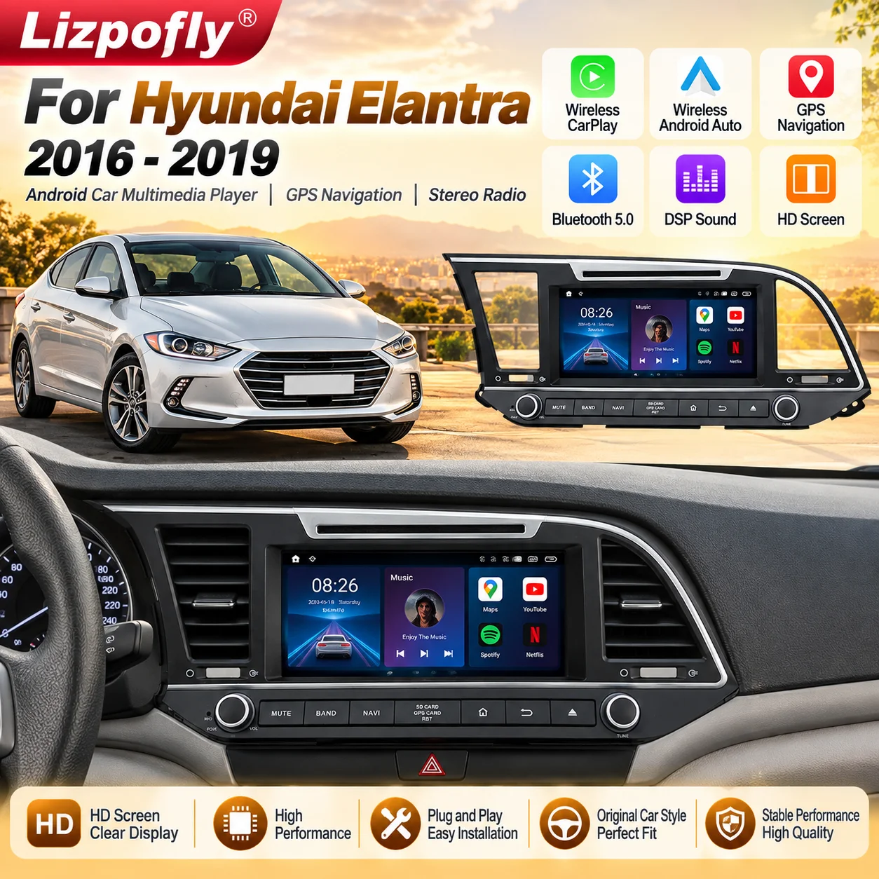 Android Car Multimedia Stereo Player For Hyundai Elantra 2016-2019 Tape Radio Recorder Auto GPS Navi Head Unit No 2Din 2 Din