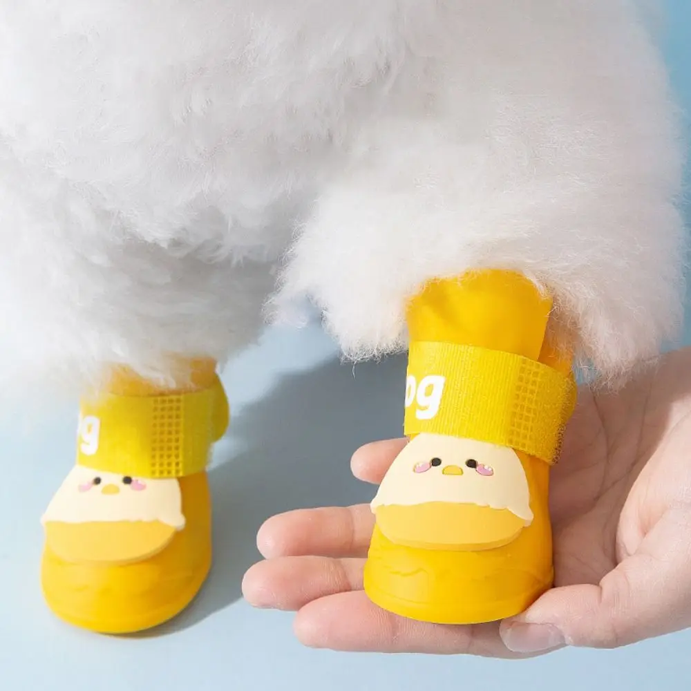 4Pcs/Set Portable Silicone Pet Rain Boot Cartoon Waterproof Dog Shoes Anti Slip Foot Cover Outdoor