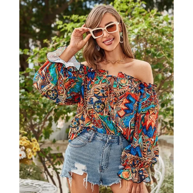 Women Off Shoulder Shirt Blouse Summer Floral Print Casual Long Sleeve Tops T-Shirt V Neck Retro Ethnic Style Loose Women Blouse